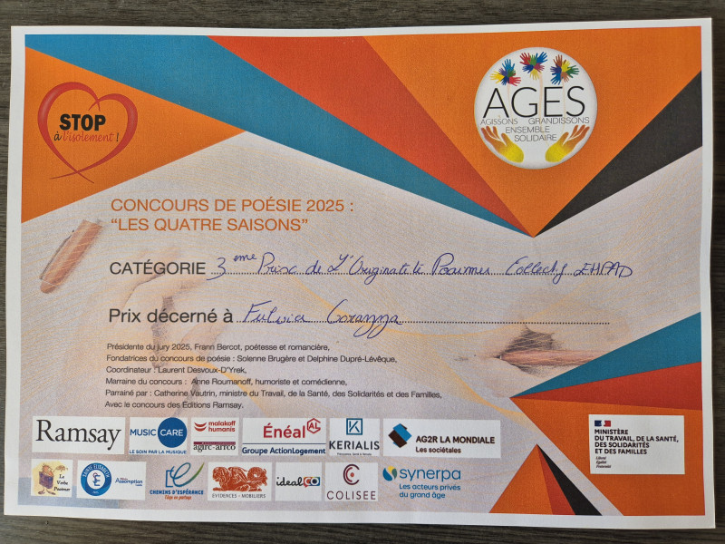 🖋️ 3ᵉ prix de l’originalité pour nos résidents du PASA au concours de poésie